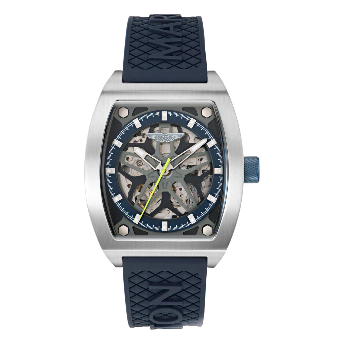 Men's automatic watch with stainless case, blue dial, and blue silicone strap