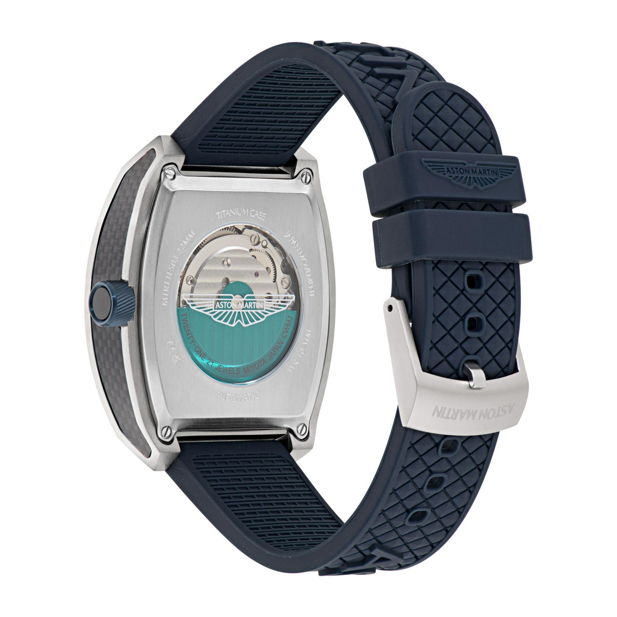 Men's automatic watch caseback with emblem window and blue silicone strap