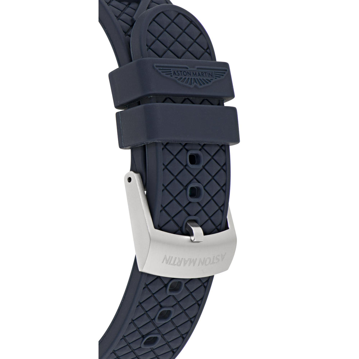 Blue silicone watch strap with textured pattern and metal clasp