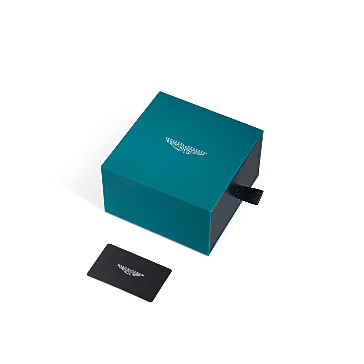 Aston Martin watch presentation box with teal lid and logo card