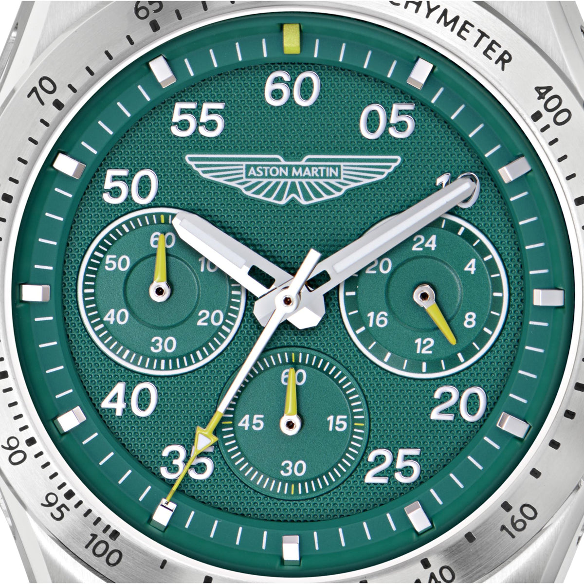 Aston Martin quartz chronograph watch face with green dial and three subdials