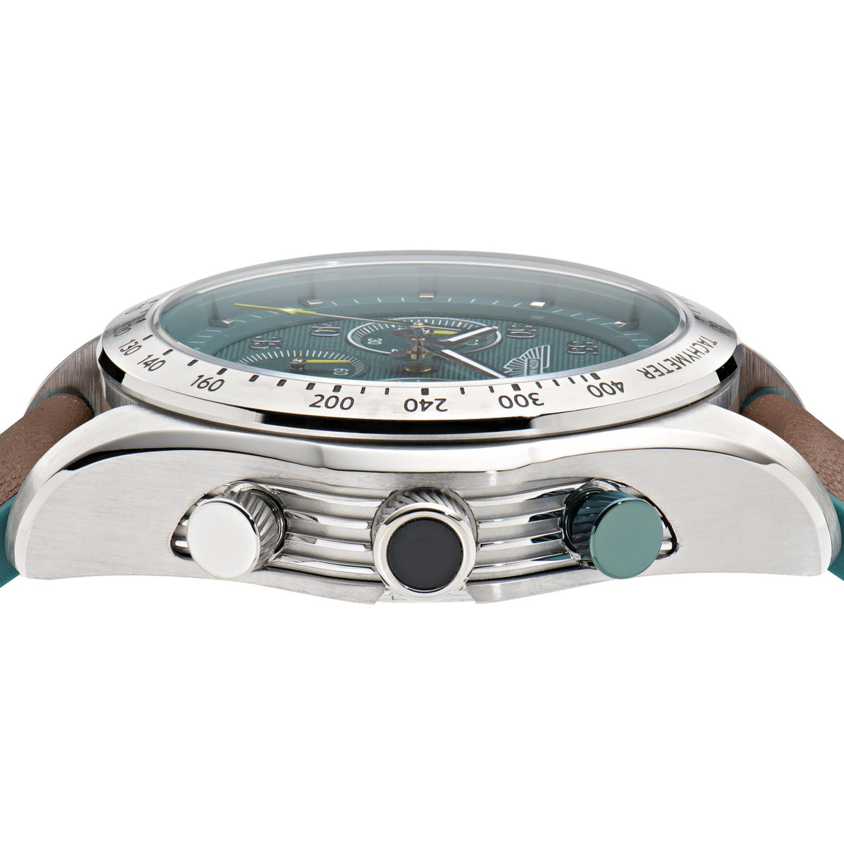 Aston Martin quartz chronograph watch top and bezel with green dial
