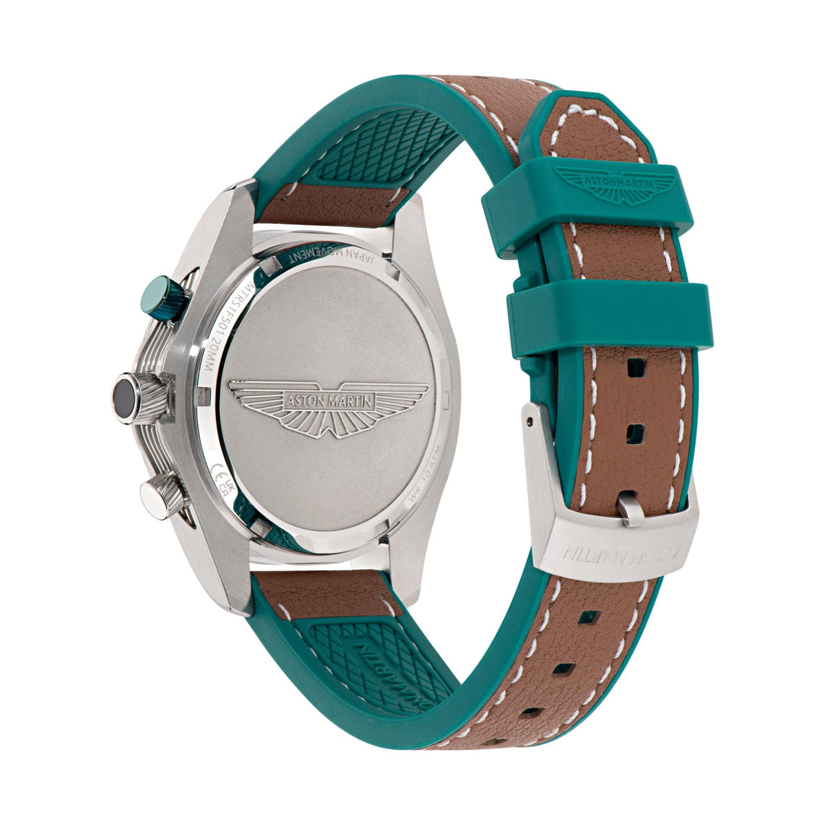 Aston Martin quartz chronograph watch back with case and teal leather strap