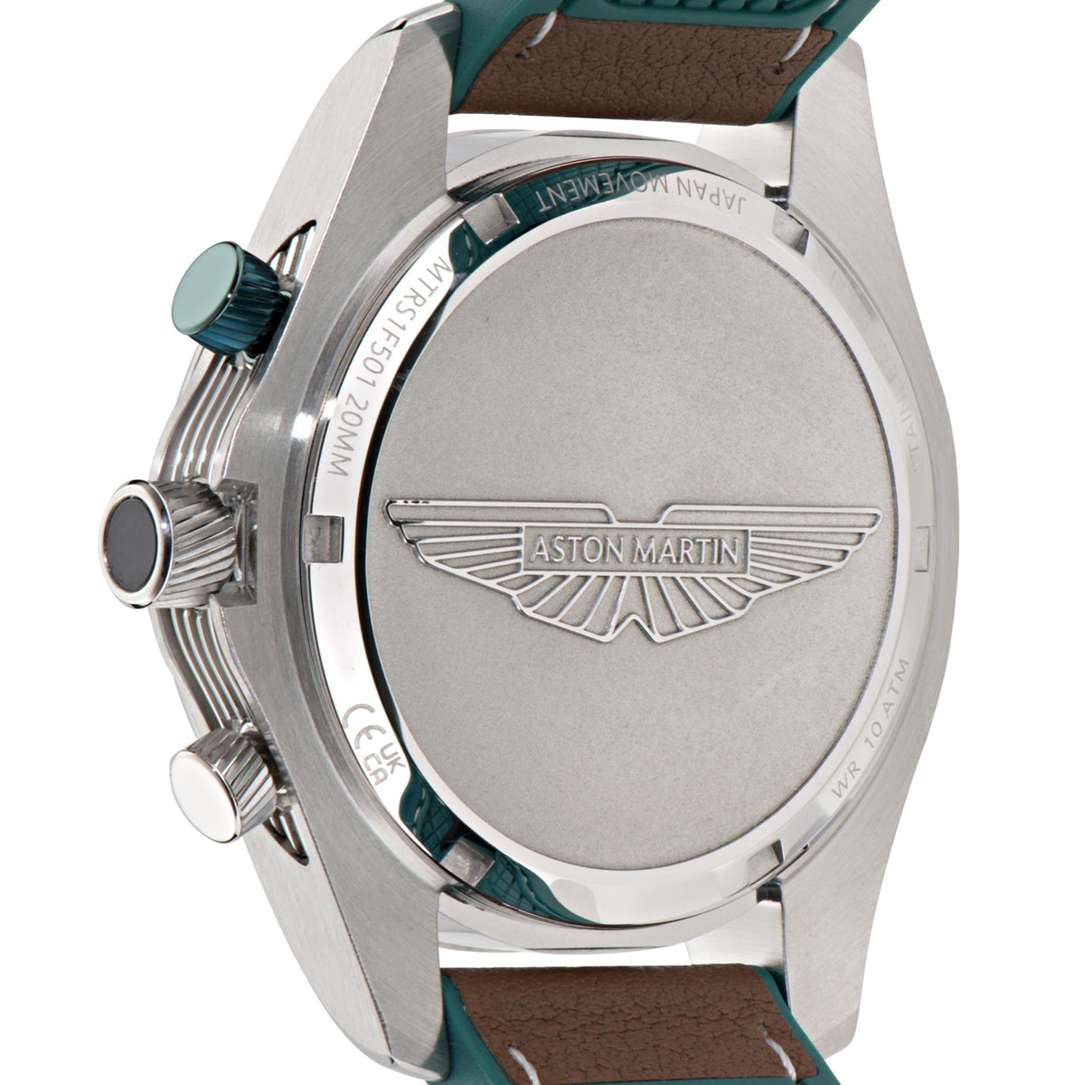 Aston Martin quartz chronograph watch back with engraved logo and leather strap