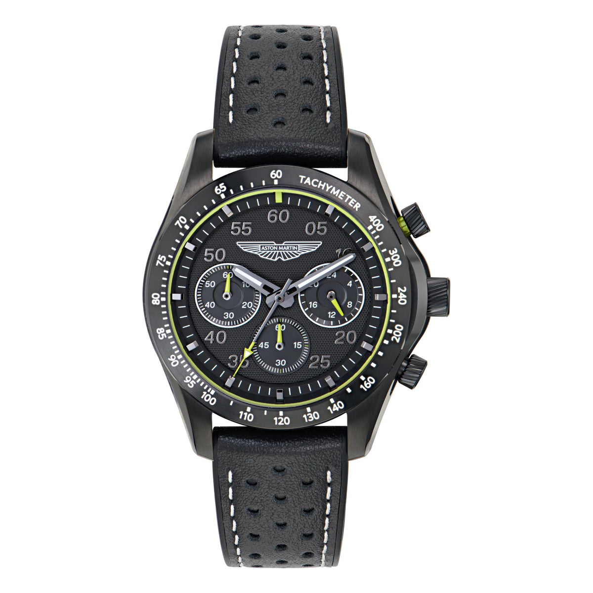 Black dial chronograph watch with black leather strap, round case, and multiple subdials