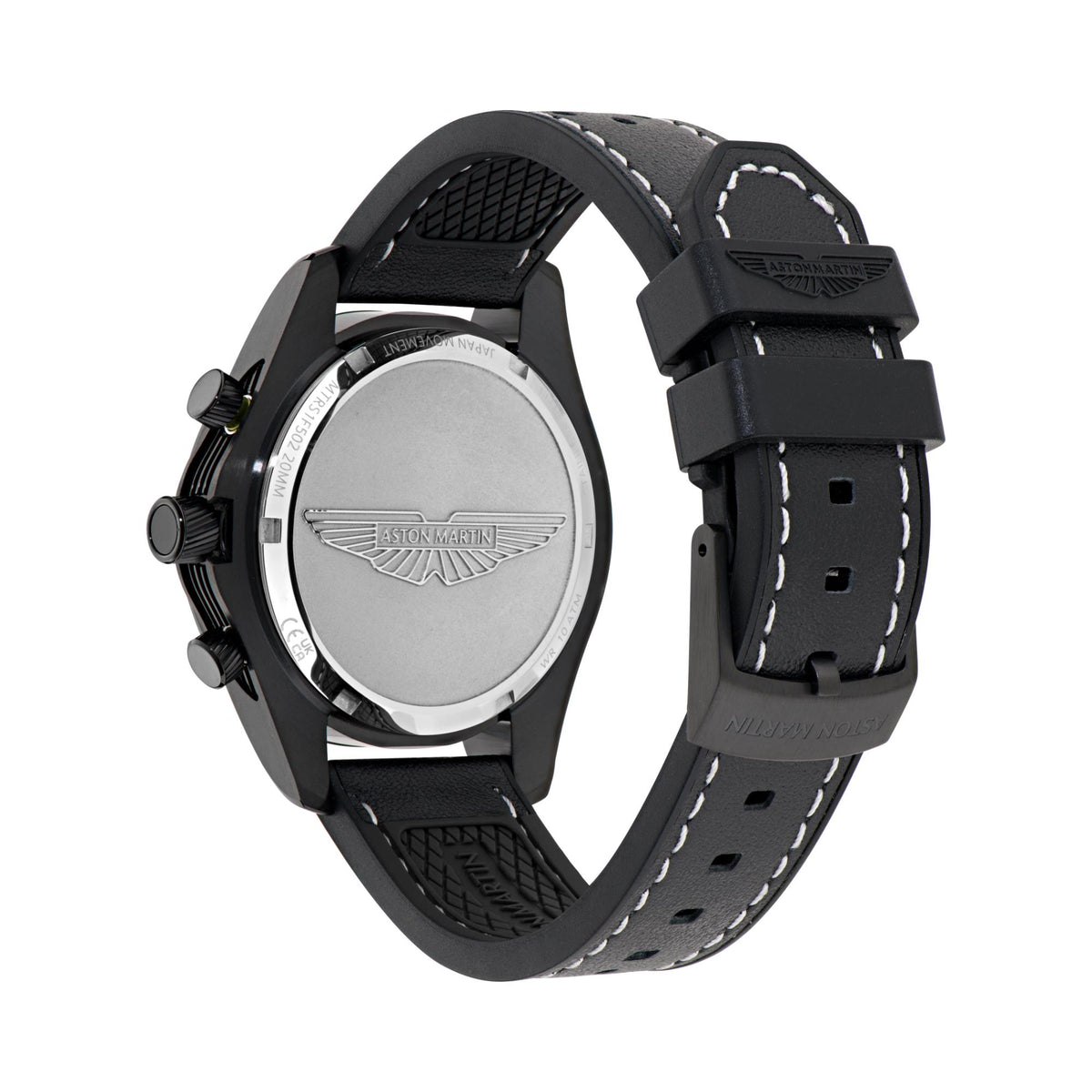 Back of black watch case with silver-toned Aston Martin emblem and perforated leather strap