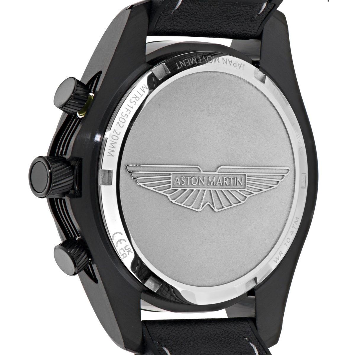 Close-up of Aston Martin watch case back with silver emblem on black case