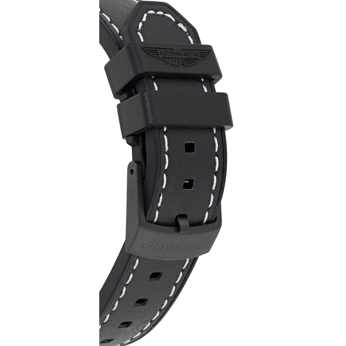 Black perforated leather watch strap with stitched edges and buckle clasp