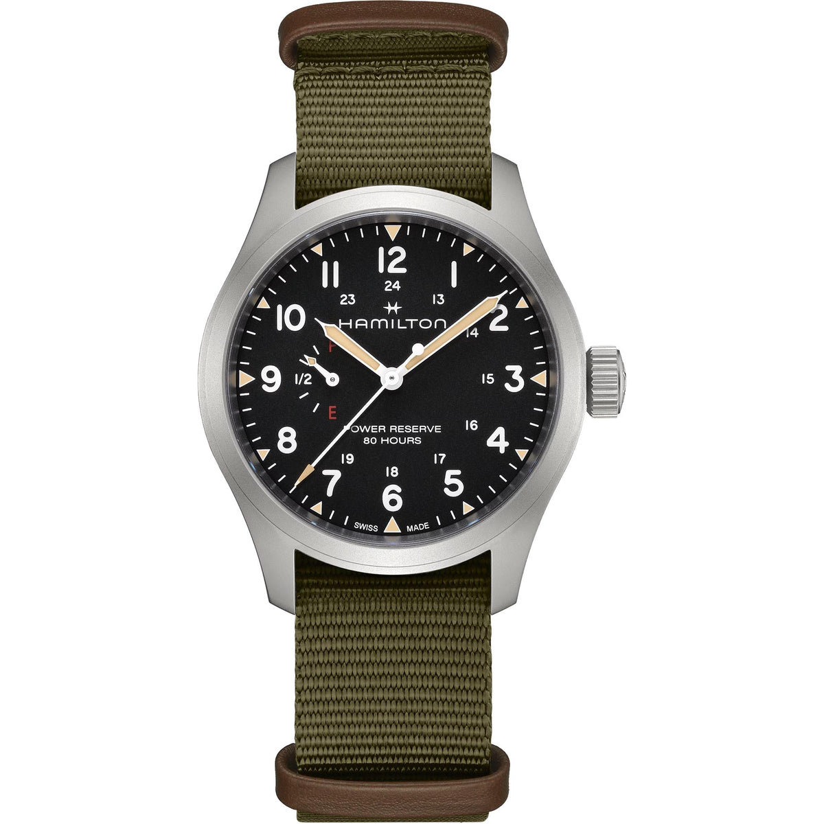 Hamilton Khaki Field H69509930 40mm mechanical mens watch front view showing black dial, power reserve indicator, and green NATO textile strap