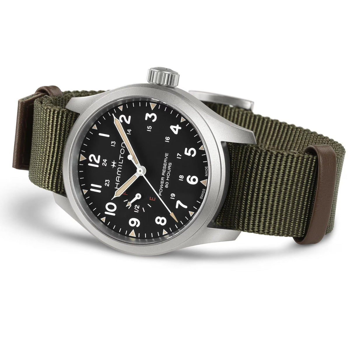 Hamilton Khaki Field H69509930 watch resting sideways, highlighting black dial, power reserve sub-dial, and textured NATO strap