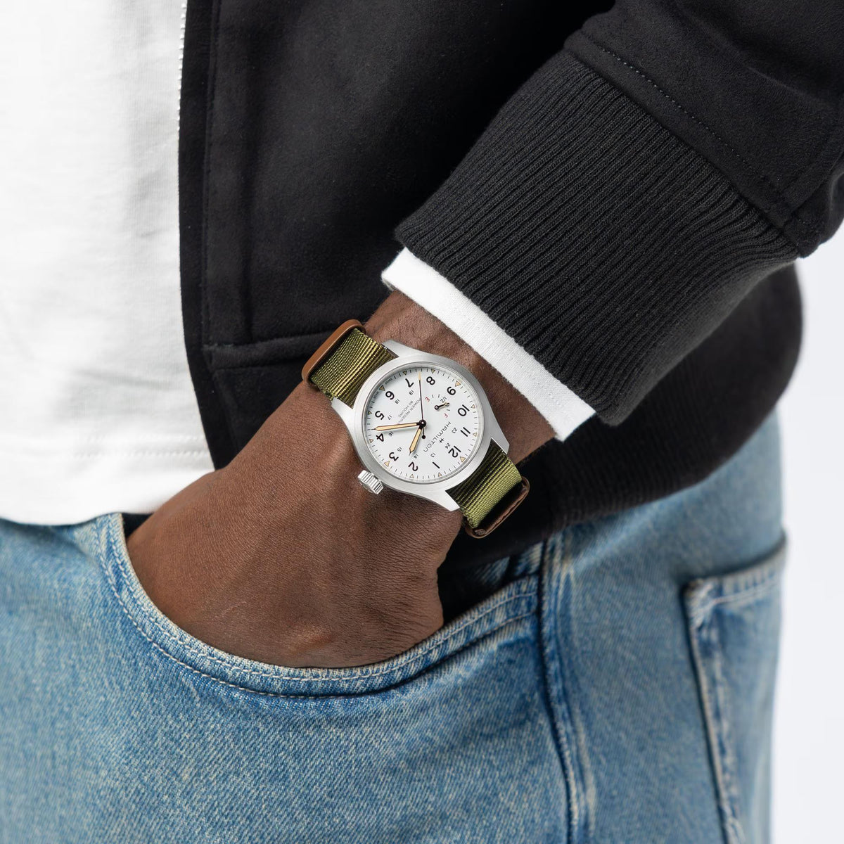 Hamilton Khaki Field Power Reserve White Dial NATO watch worn on wrist H69509910