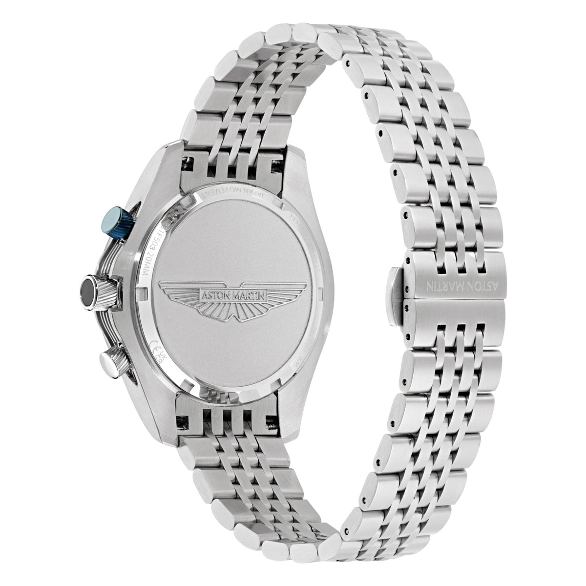 Aston Martin watch backside with engraved center plate and silver link bracelet.