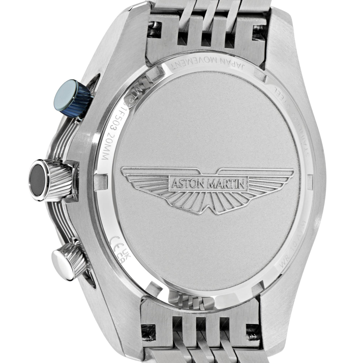 Aston Martin watch back with engraved Aston Martin wing emblem on stainless case.