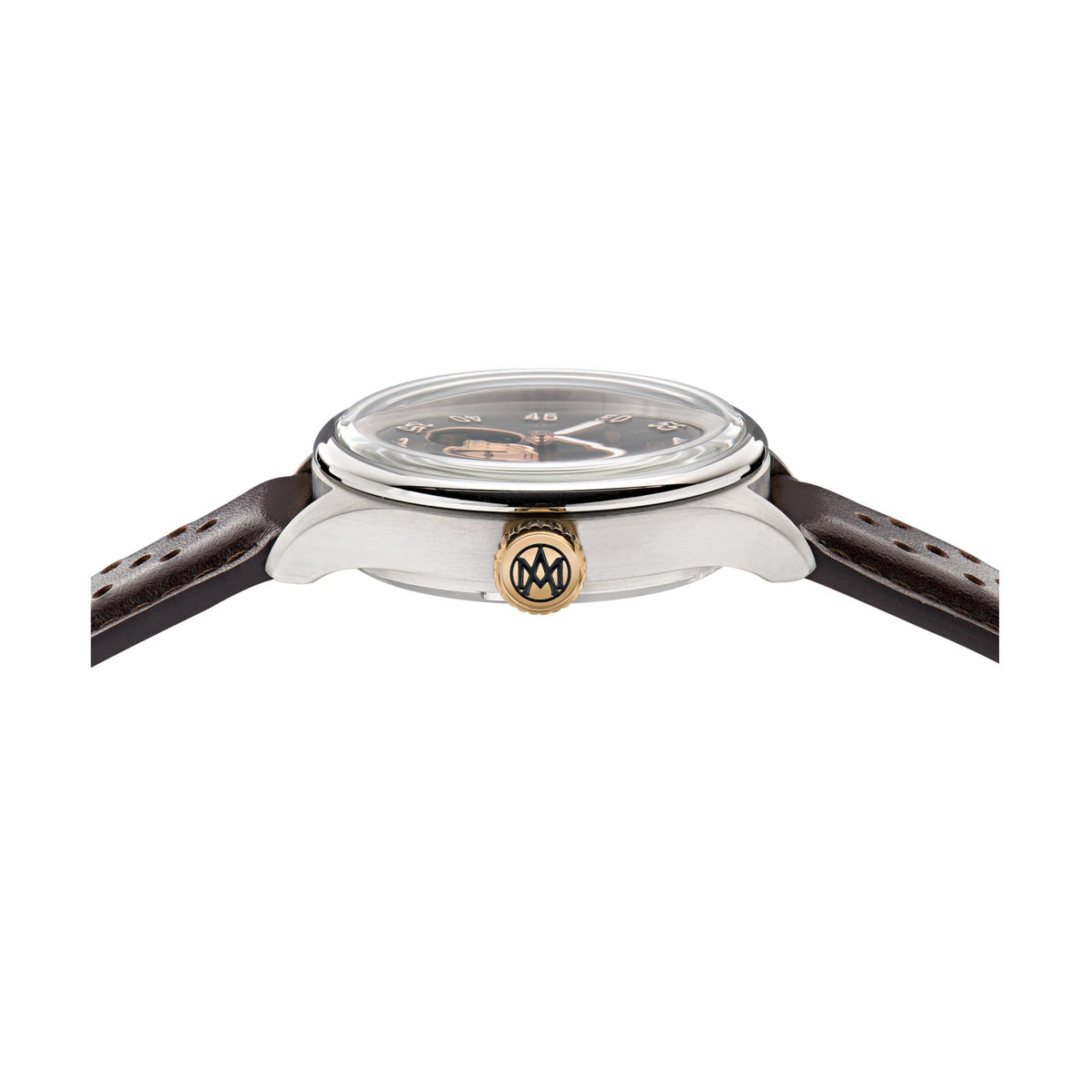 Round stainless watch case with emblem on brown leather strap, side view