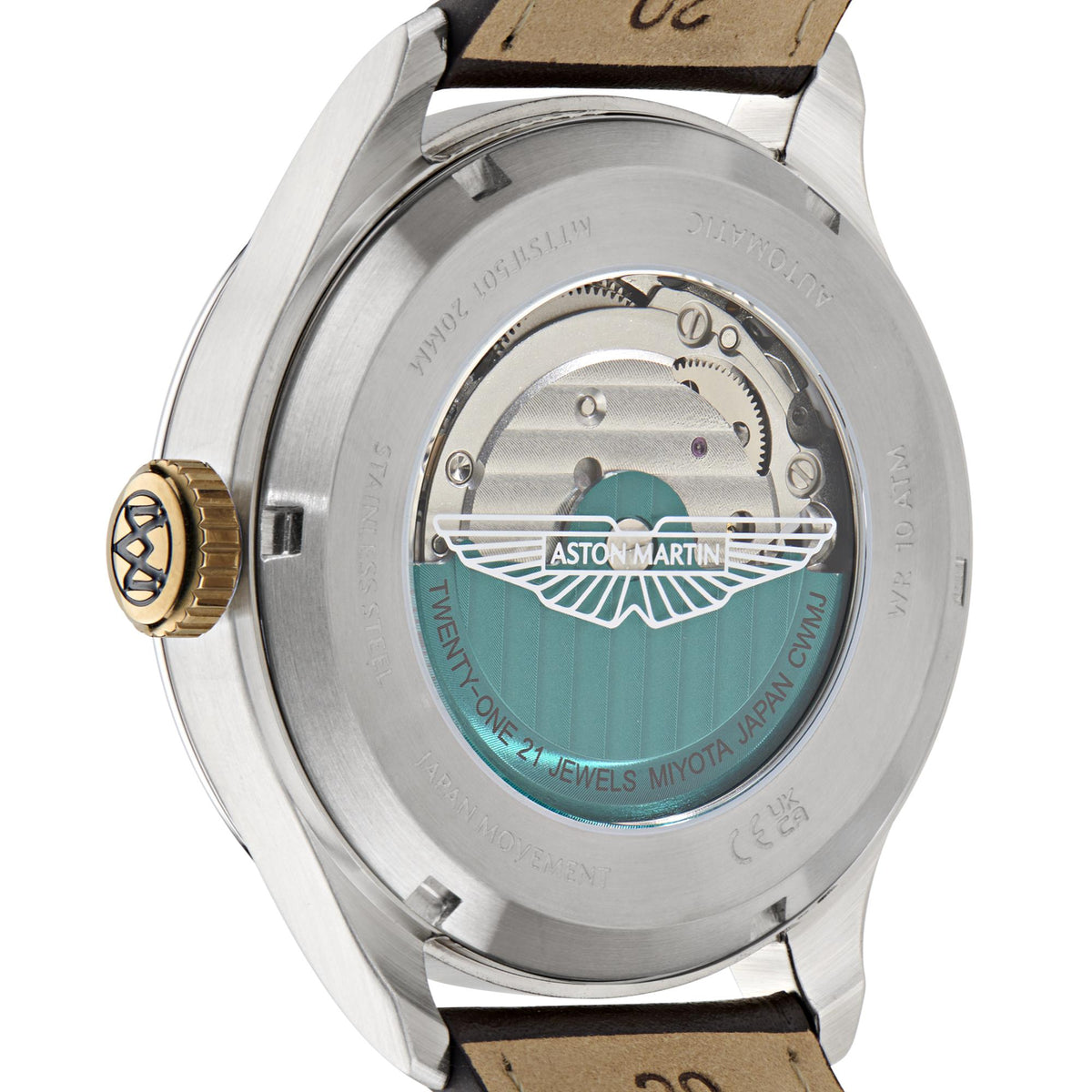 Automatic watch caseback window with Aston Martin wings motif and teal movement