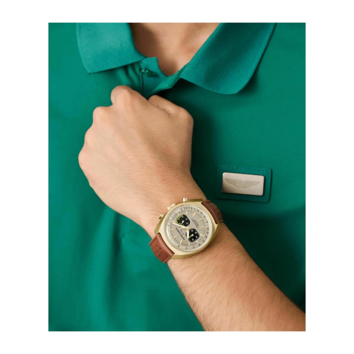 Men's Aston Martin chronograph watch with champagne dial and tan leather strap