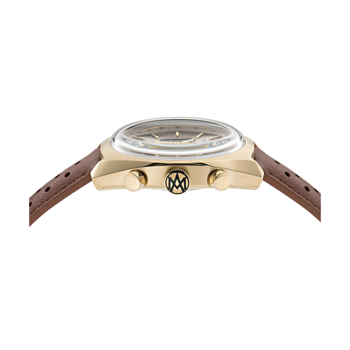 Gold-tone watch case with crown details and brown leather strap