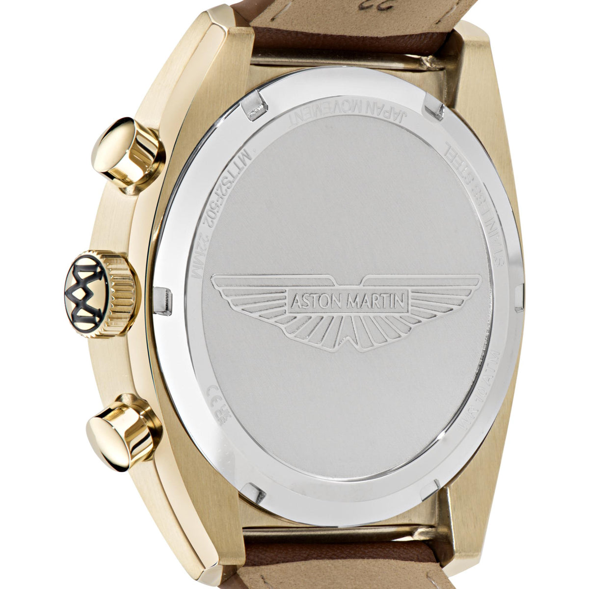 Aston Martin watch case back with engraved logo and gold-tone finish
