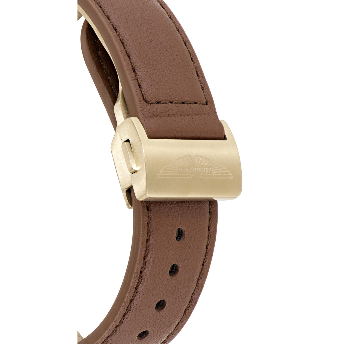 Brown leather watch strap with gold-tone buckle and embossed keeper