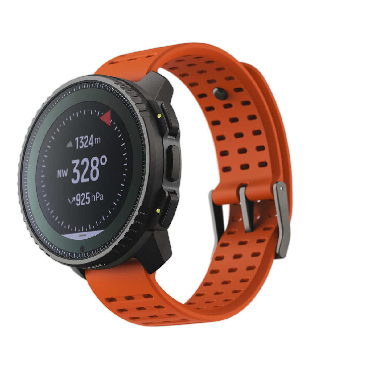 Suunto Vertical Solar Canyon SS050987000 angled view featuring compass interface with orange silicone strap