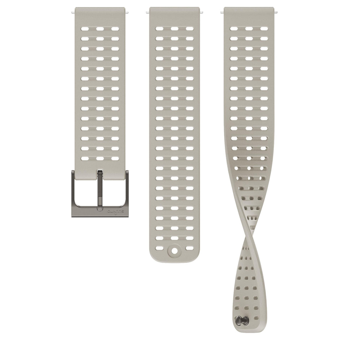 Suunto Athletic 2 SS050884000 sand gray silicone watch strap set featuring perforated ventilation holes, pin buckle closure, and flexible band end