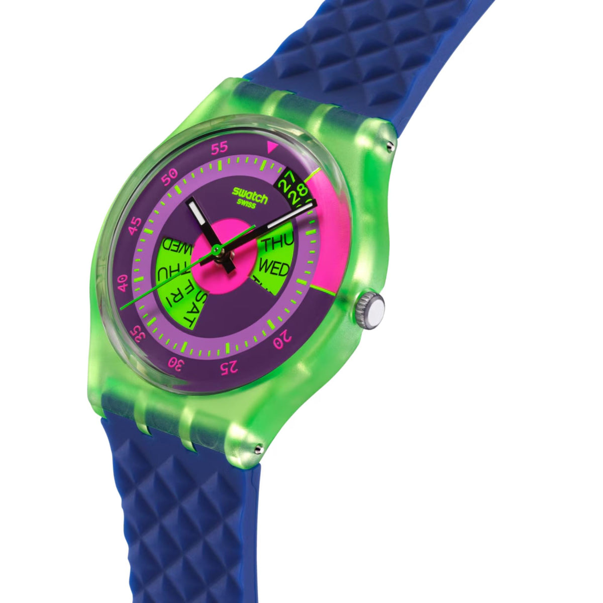 Quartz watch angled view with purple dial and blue silicone strap