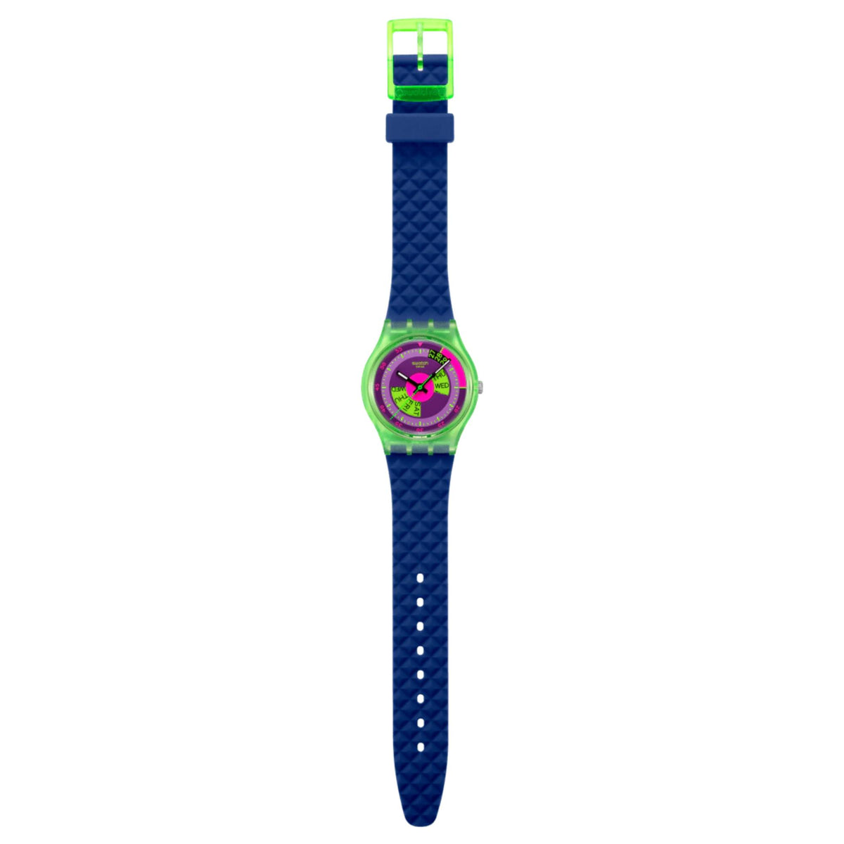 Quartz watch with purple dial and blue textured silicone strap, hanging view