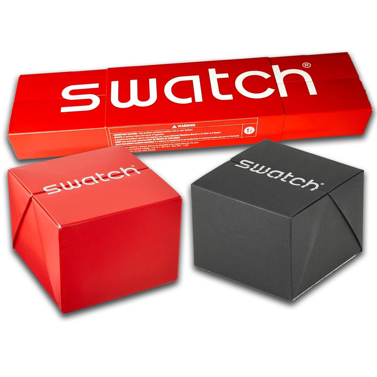 Swatch watch packaging boxes: red and black Swatch-branded cartons