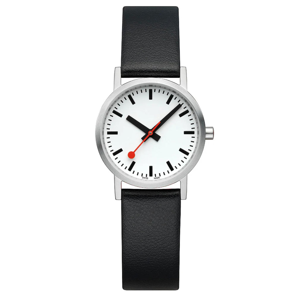 Mondaine Classic A658.30323.16OMV iconic Swiss railway white dial and black leather strap front view