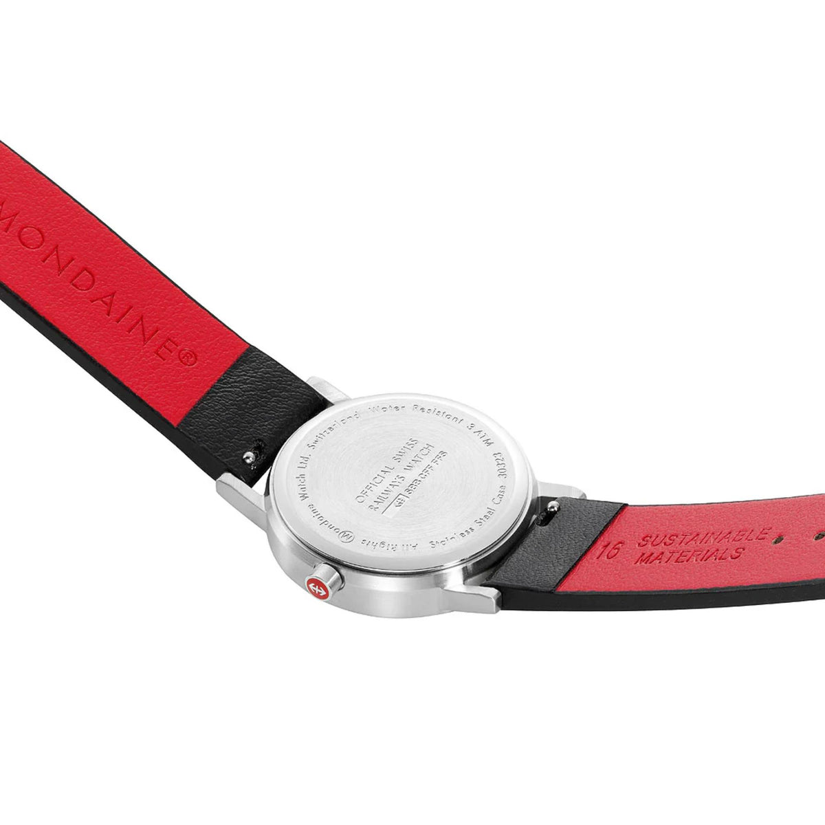 Mondaine Classic A658.30323.16OMV stainless steel case back and red underside leather strap detail