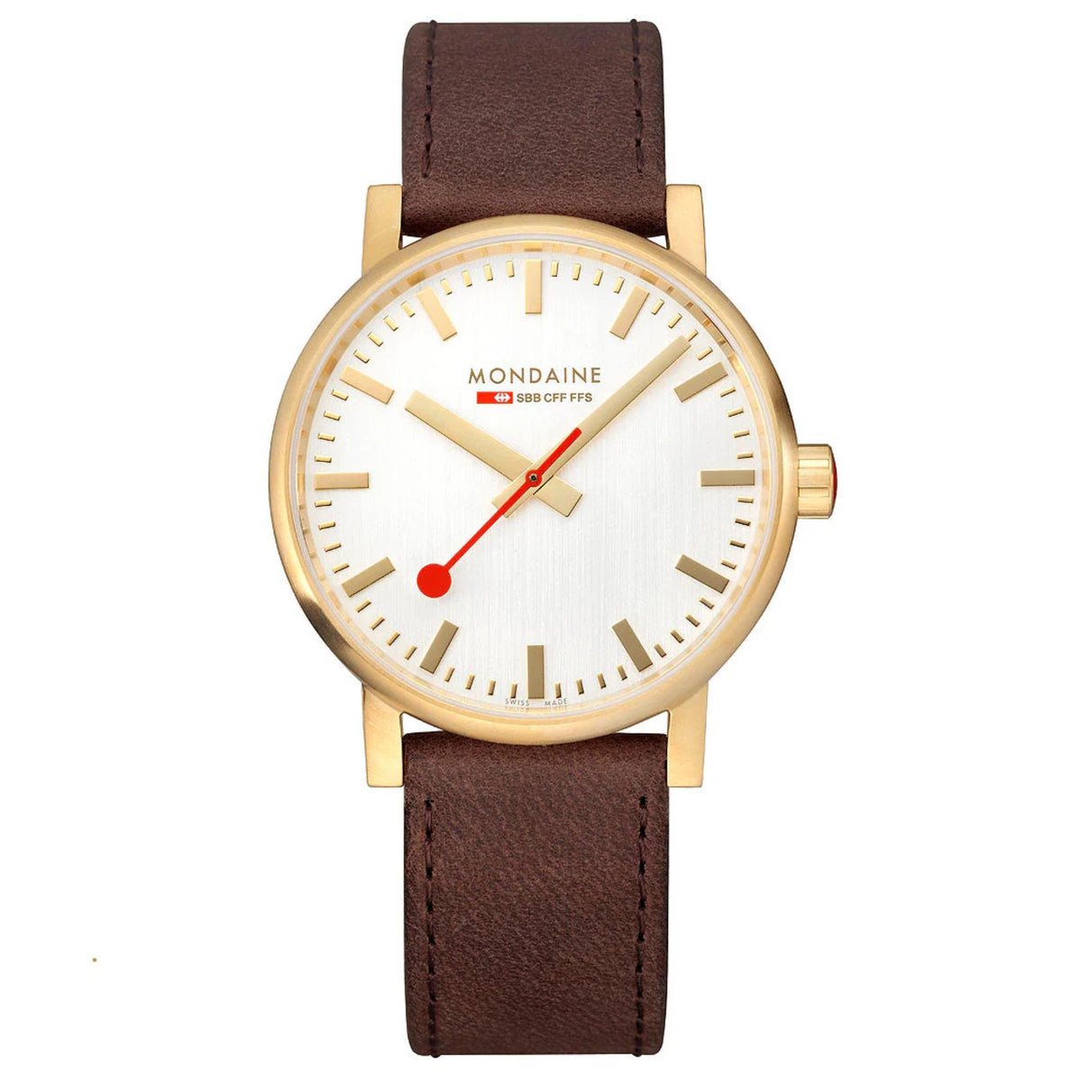 Mondaine Evo2 MSE.40112.LGV front view showing white dial with yellow gold-tone steel case and leather strap