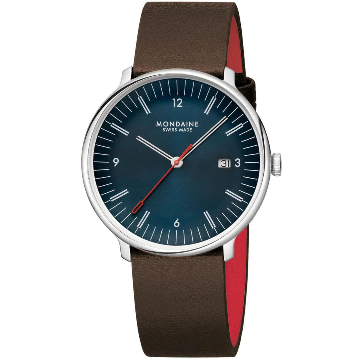 Front view of Mondaine Doppio MLE.41240.LGV watch featuring a blue dial, white hour indices, a red second hand, a date window, and a brown leather strap