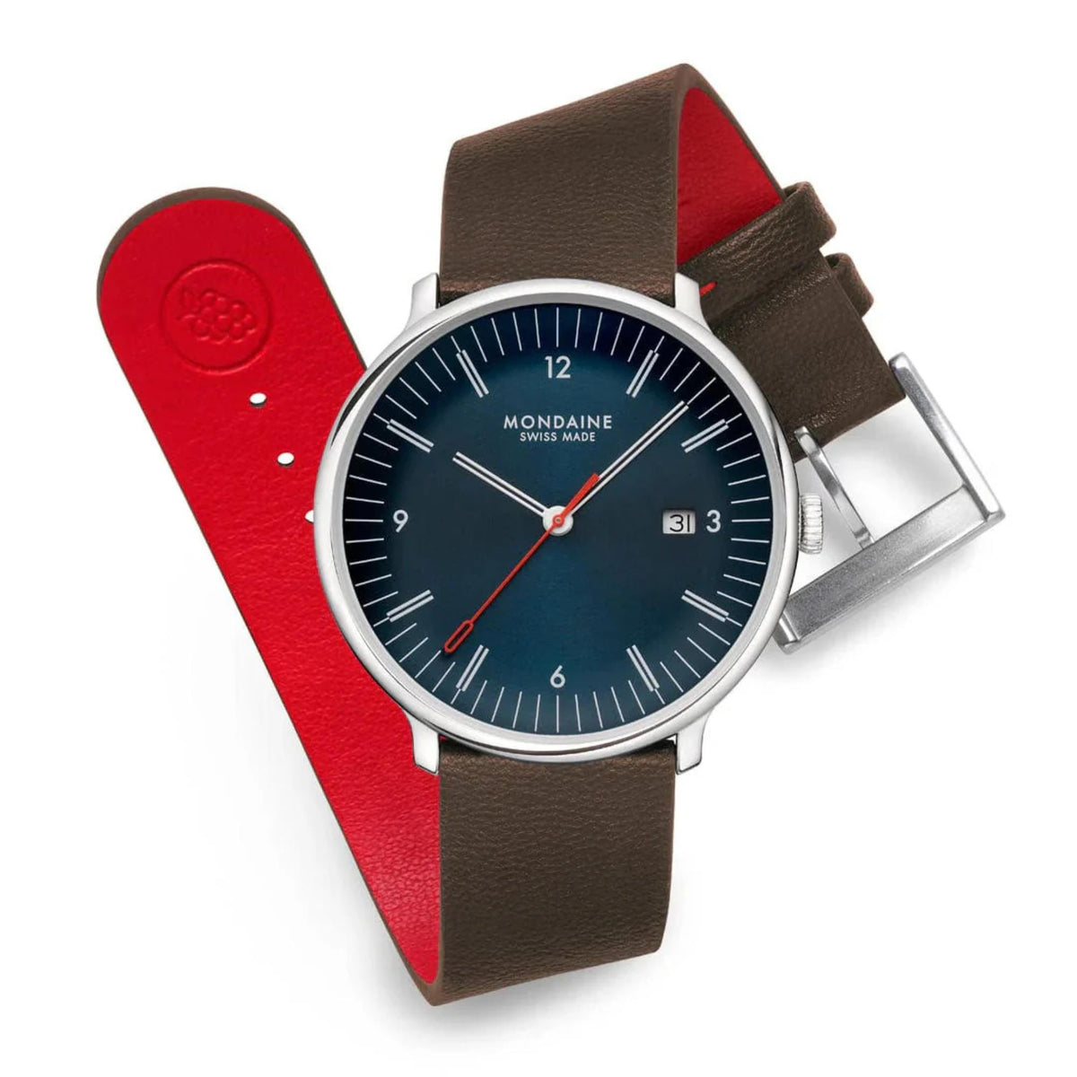 Mondaine Doppio MLE.41240.LGV watch arranged in a flat-lay, with the dark brown leather strap loosely looped to display the bright red interior lining, texturing, and the silver buckle