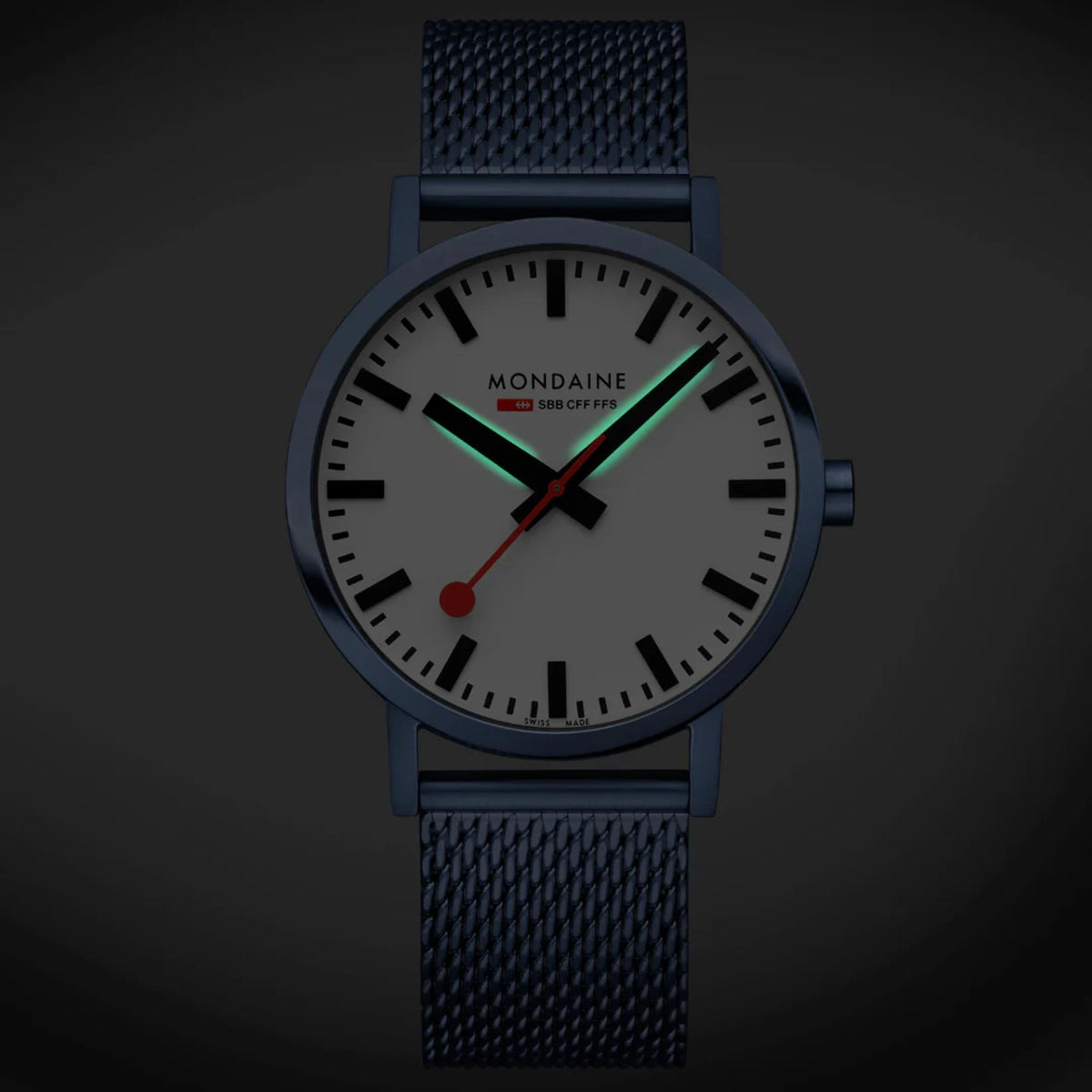 Mondaine Classic A660.30360.1BSBM glowing luminescent hands in the dark close-up