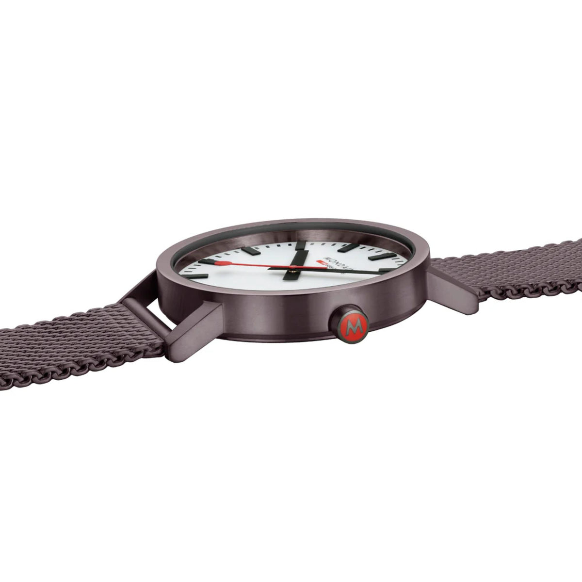 Mondaine Classic A660.30360.1BSBZ Swiss-made watch side profile showing slim case and mesh band