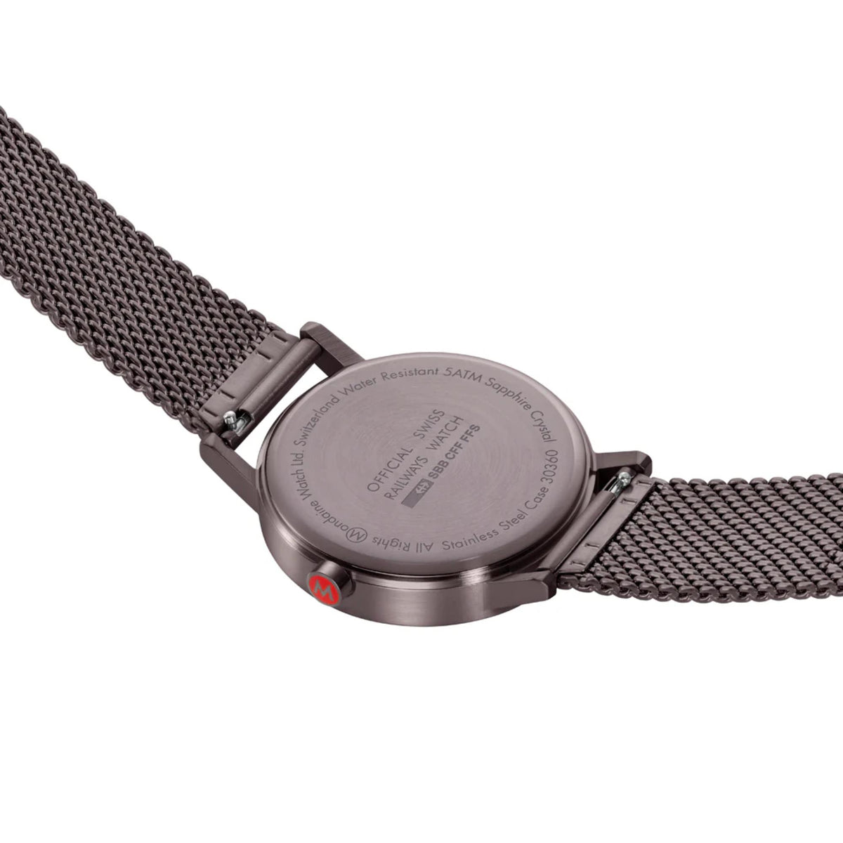 Mondaine Classic A660.30360.1BSBZ stainless steel timepiece back view with engraved model details