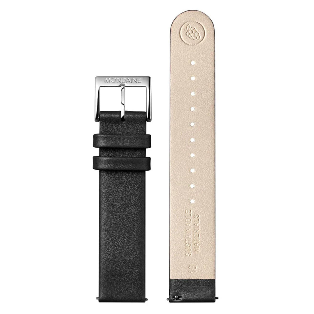 Vegan leather watch strap in black with silver buckle and punched holes