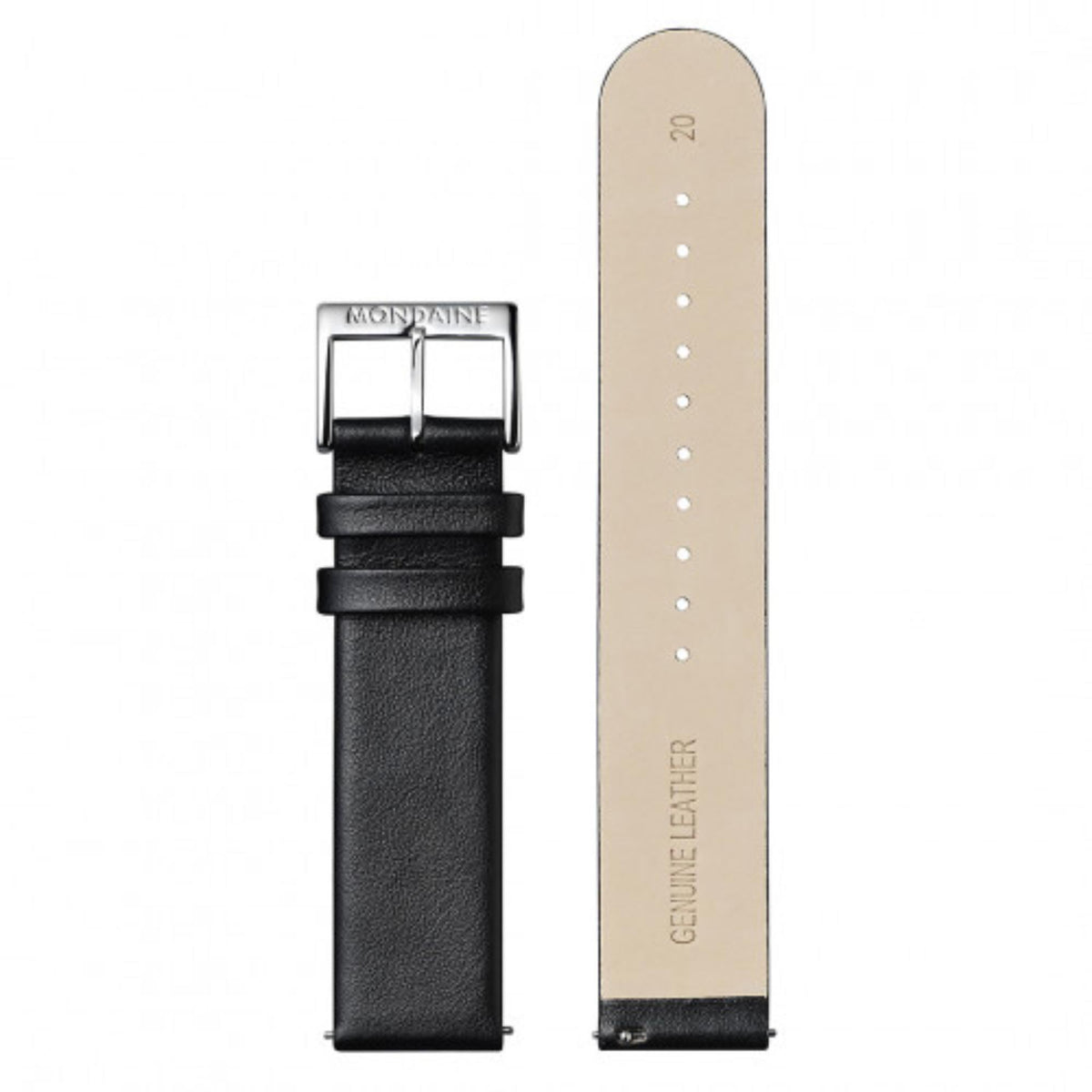 Black genuine leather watch strap with silver buckle and white stitching holes