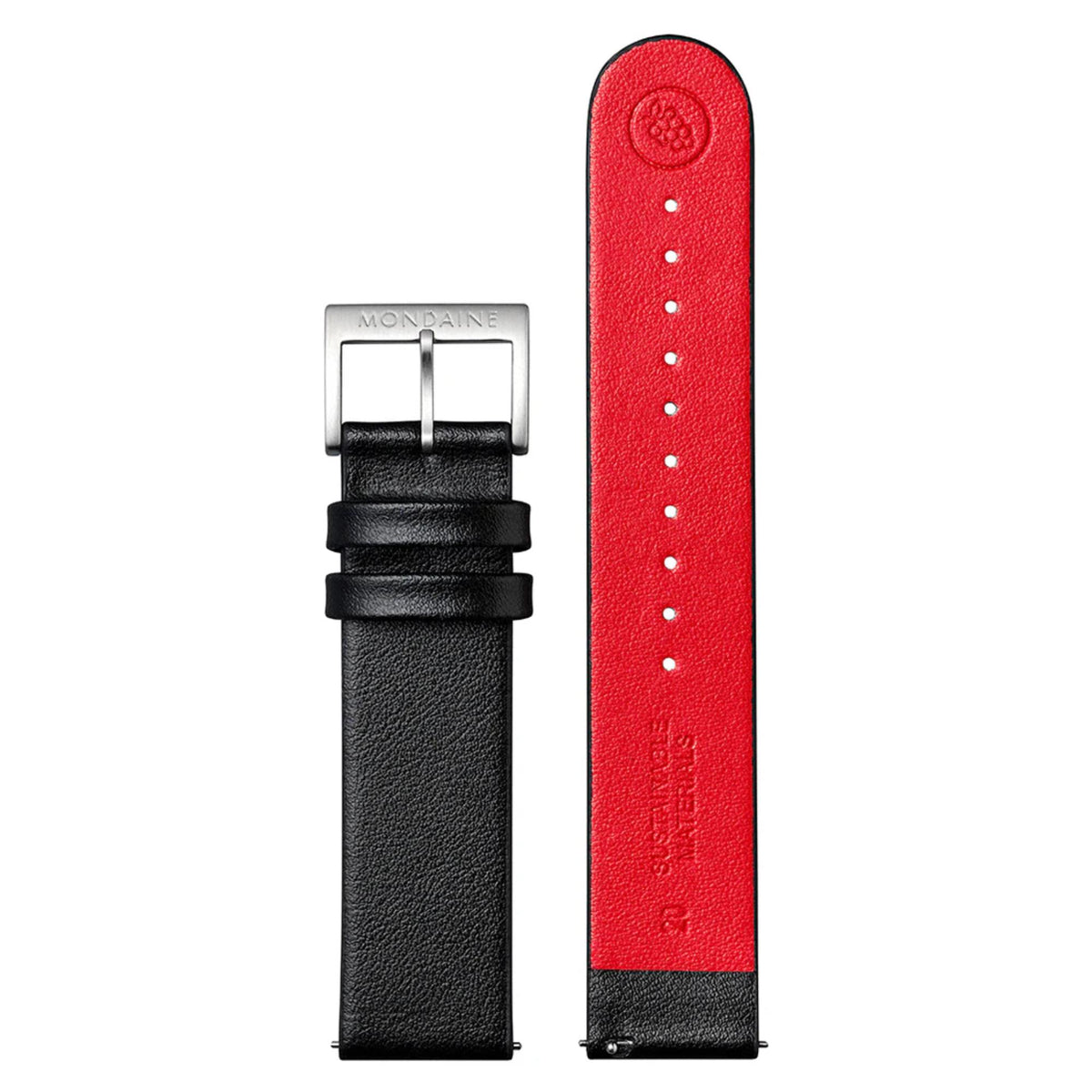 Mondaine two-tone watch strap: black leather with red lining and silver clasp