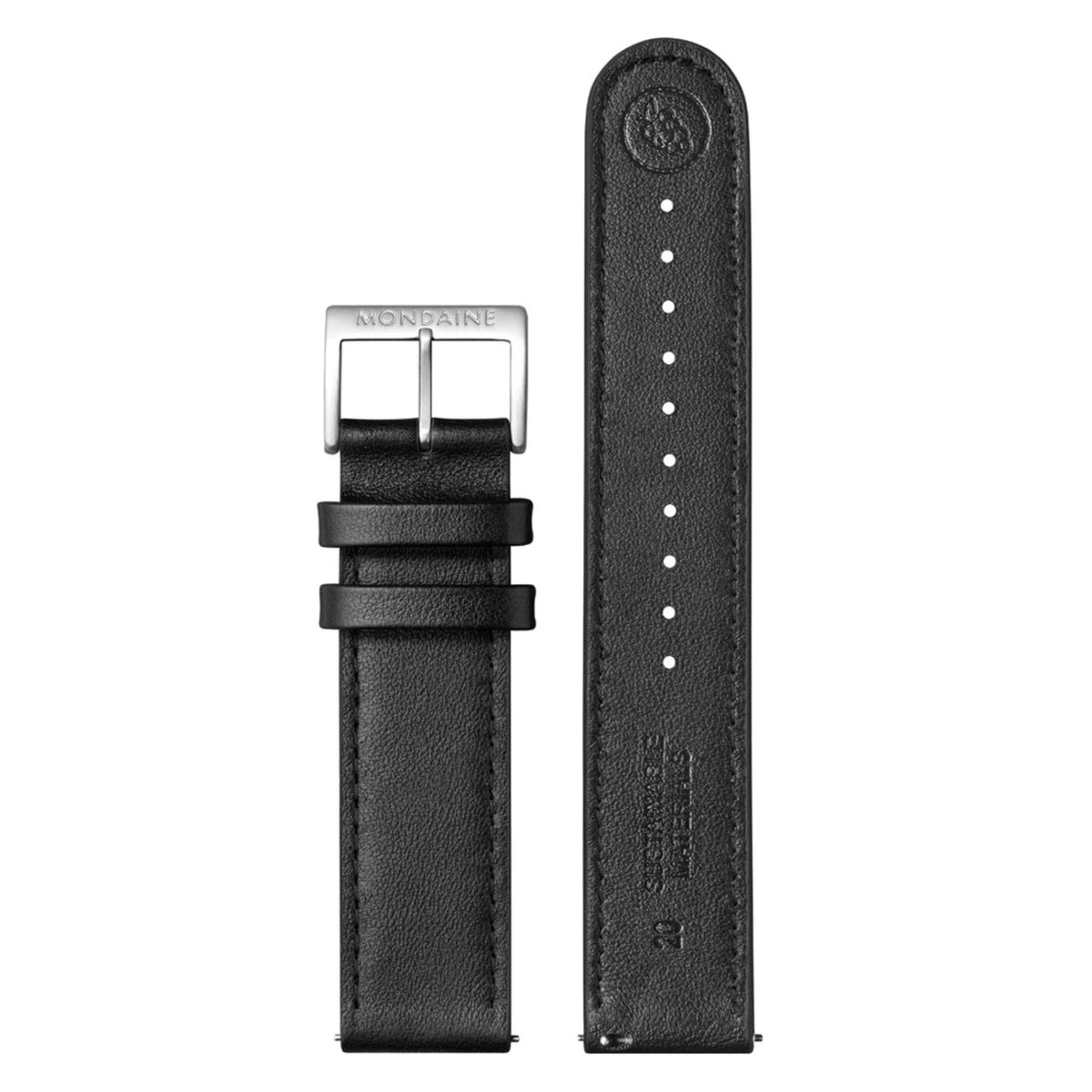 Black vegan leather watch strap with metal buckle, stitched edges, and row of holes