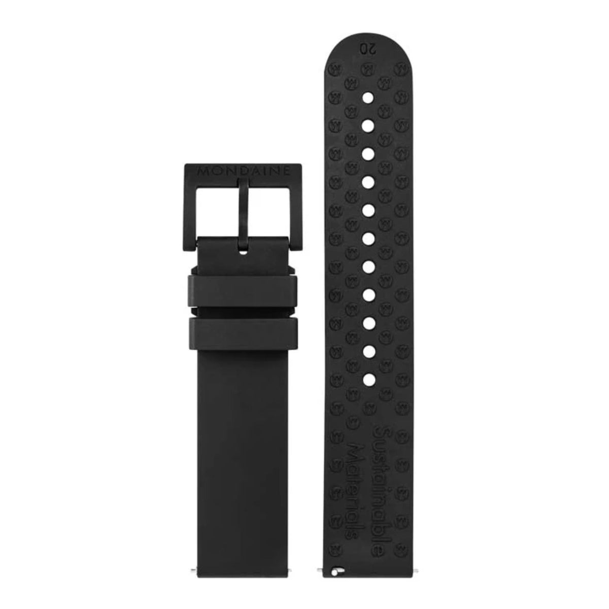 Black brushed rubber watch strap with clasp and length-adjustment holes