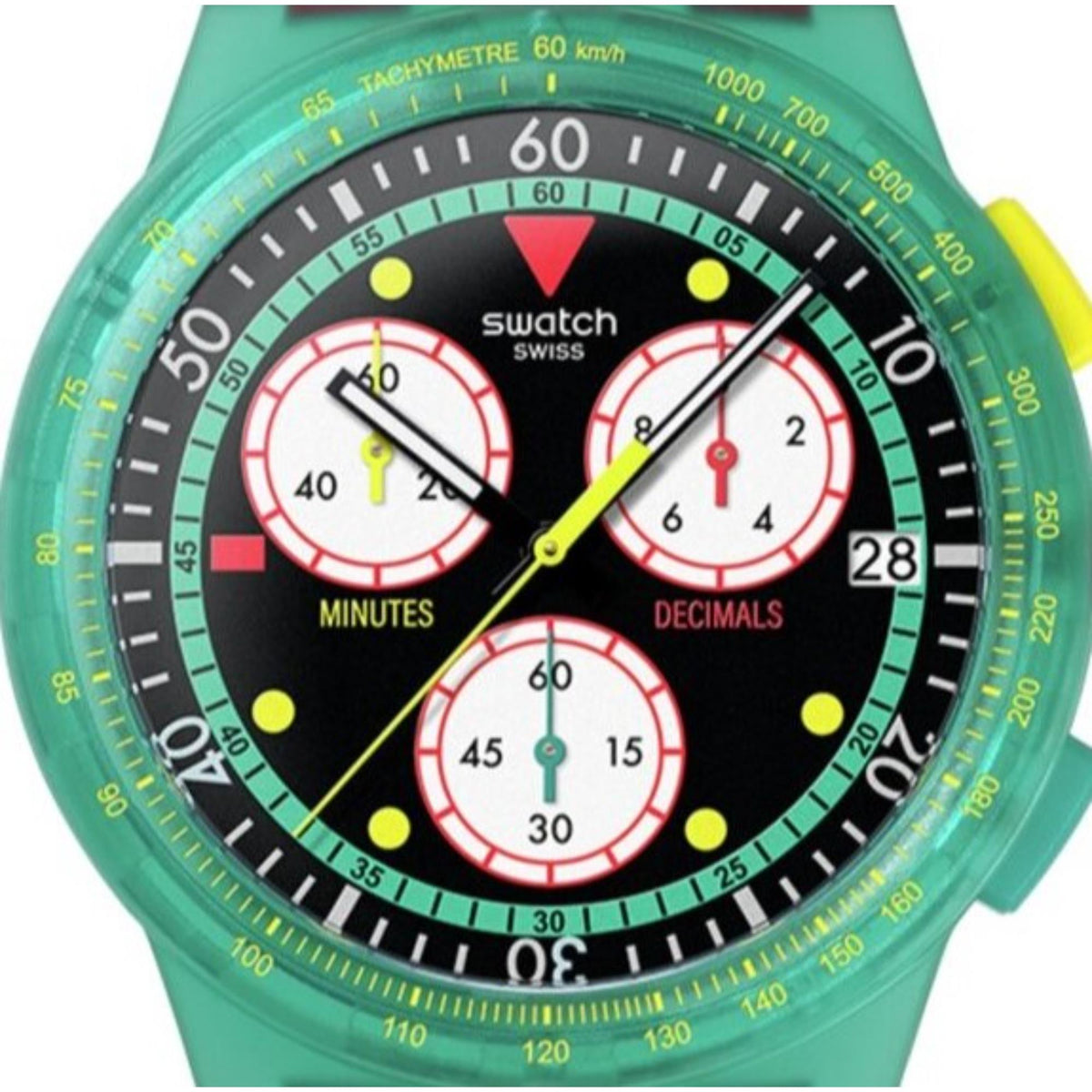 Swatch chronograph wristwatch face with black dial, red/white subdials, teal bezel.