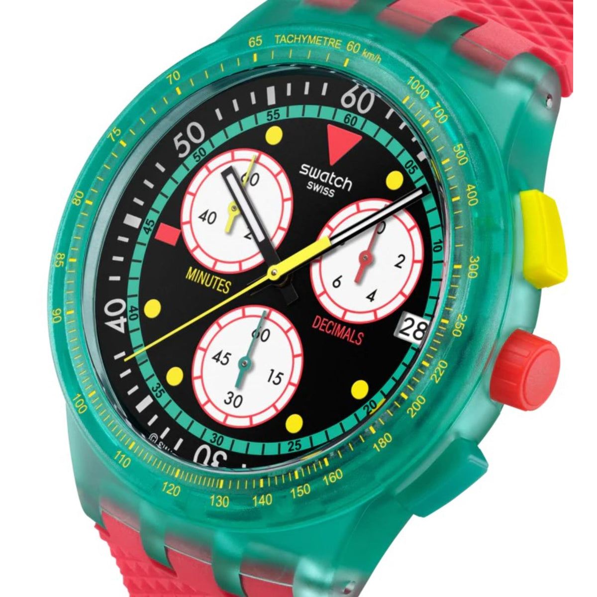 Swatch chronograph wristwatch close-up: black dial with red/white subdials, teal bezel.