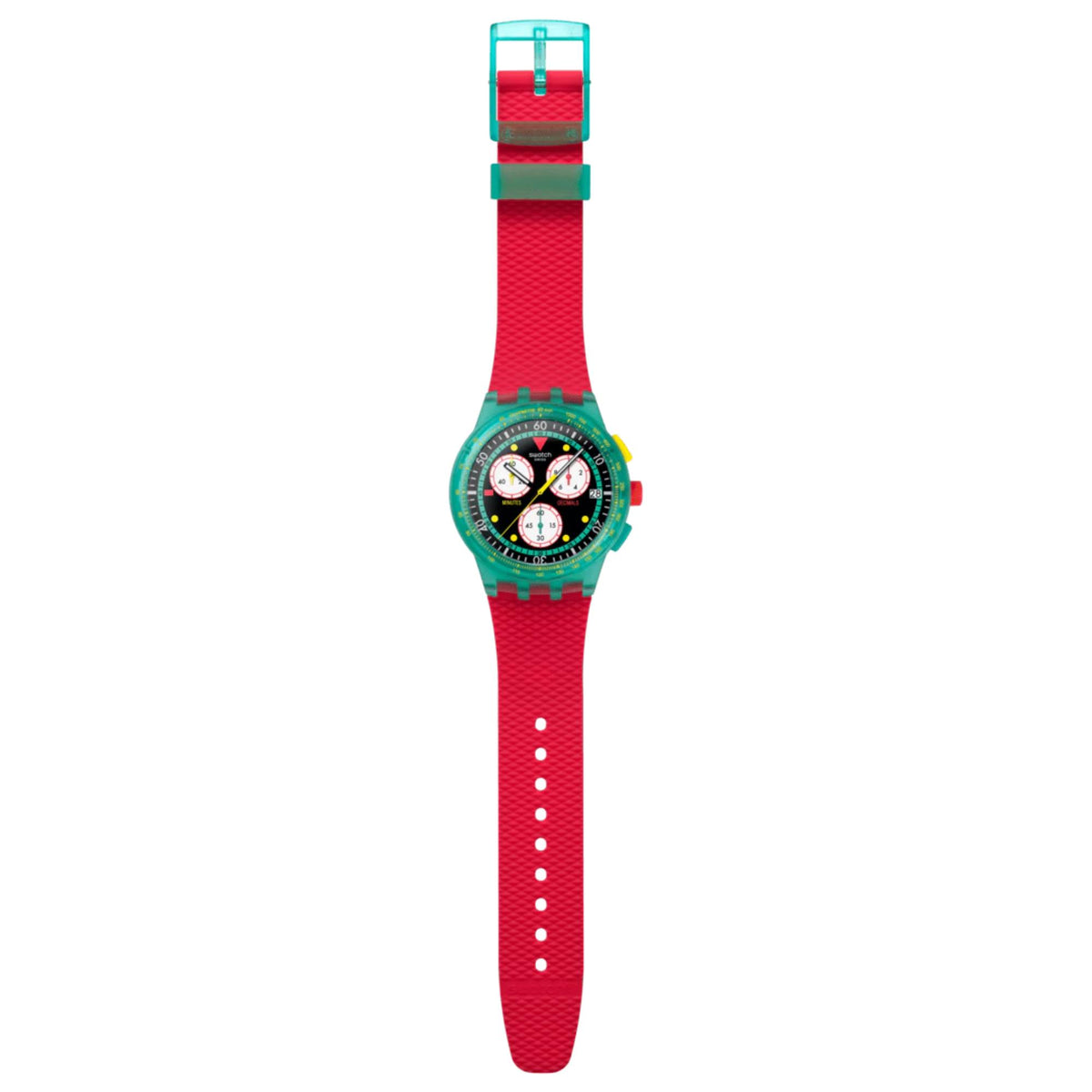 Swatch chronograph wristwatch with red silicone strap, black dial, teal case.