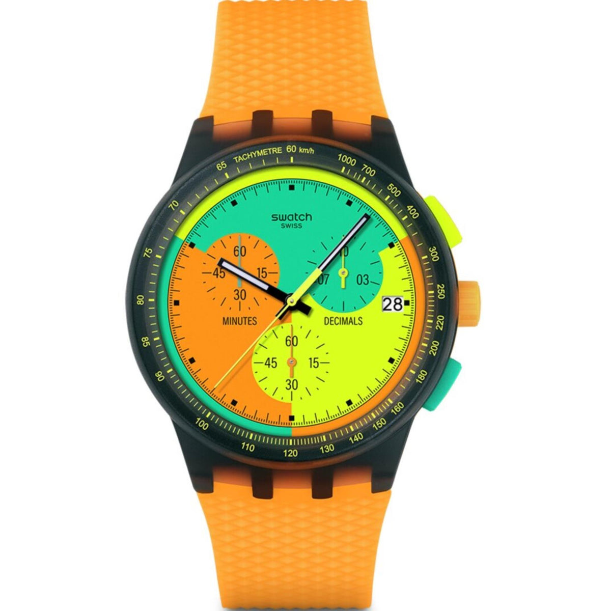 Neon silicone strap chronograph quartz watch with multicolor green/orange dial and date window