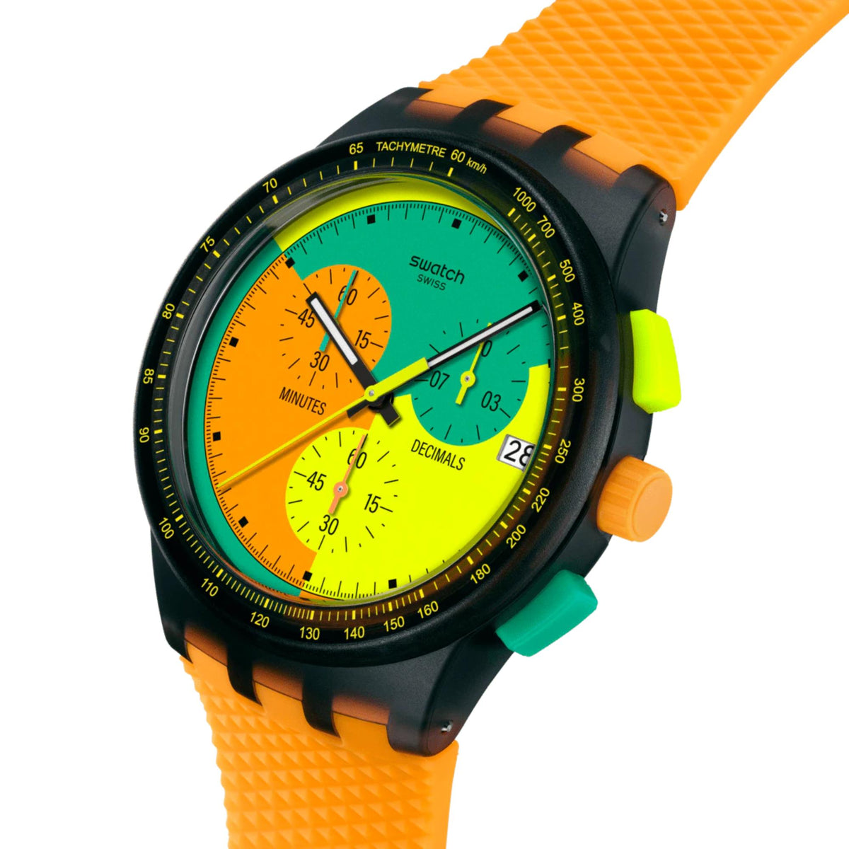 Multicolor dial chronograph quartz watch with orange silicone strap and black bezel