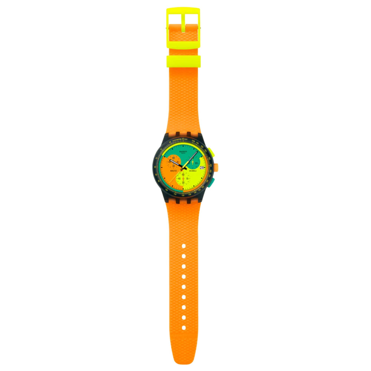 Orange silicone strap chronograph quartz watch with multicolor dial and square buckle