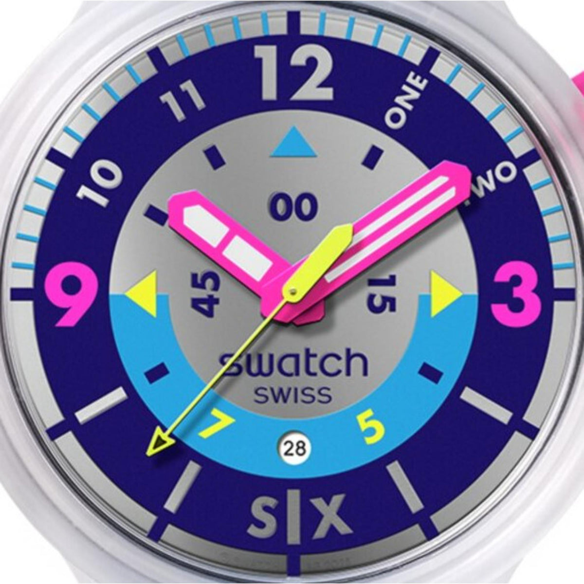 Quartz watch dial close-up with dark blue face, neon pink hands and date window