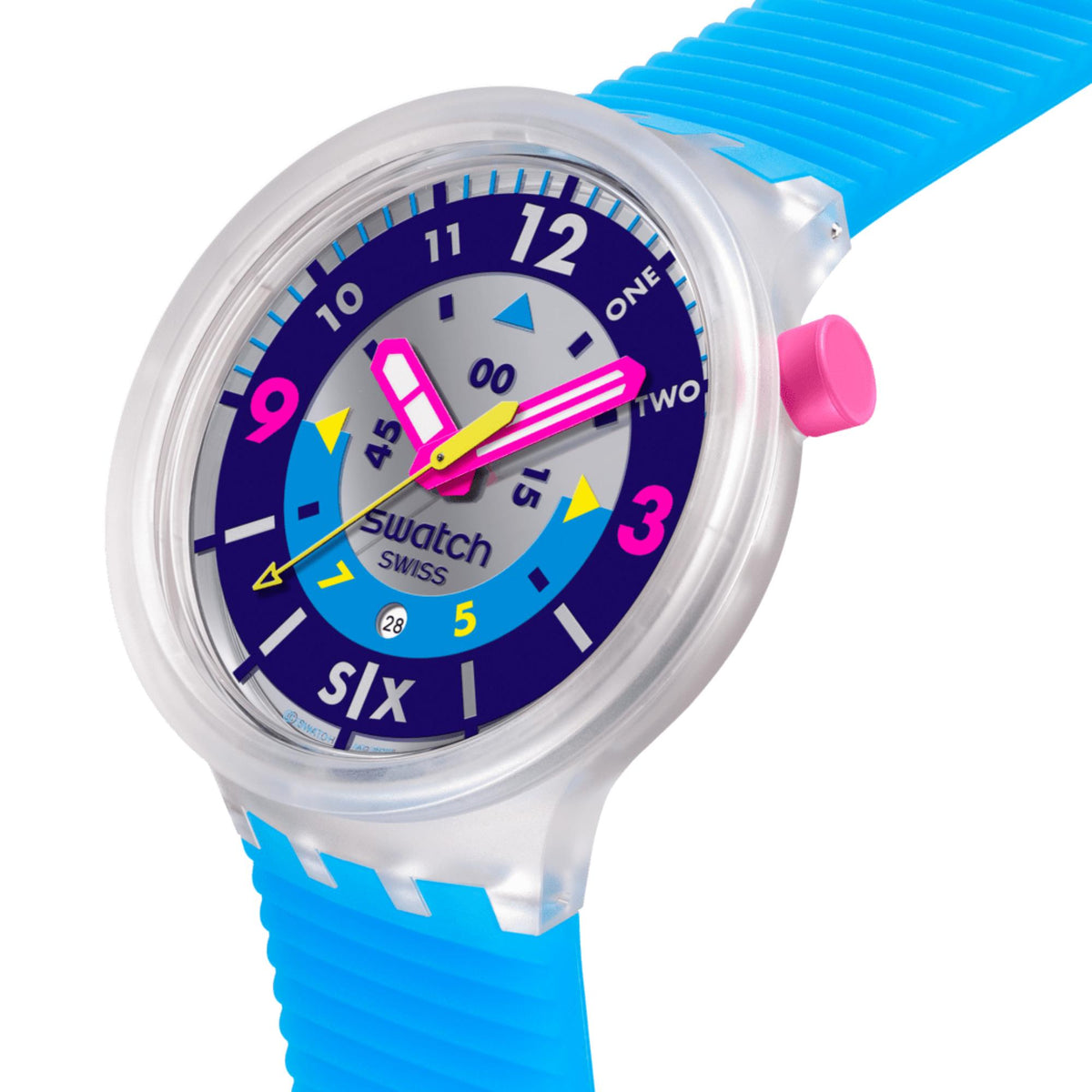 Quartz watch with translucent case and blue silicone strap, dark blue neon dial