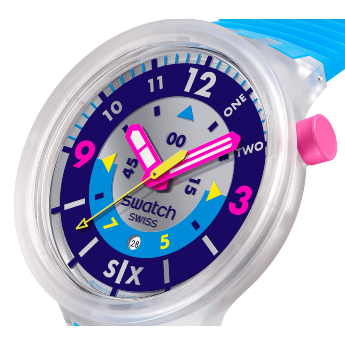 Quartz wristwatch with blue silicone strap, dark blue dial, neon pink and yellow markers